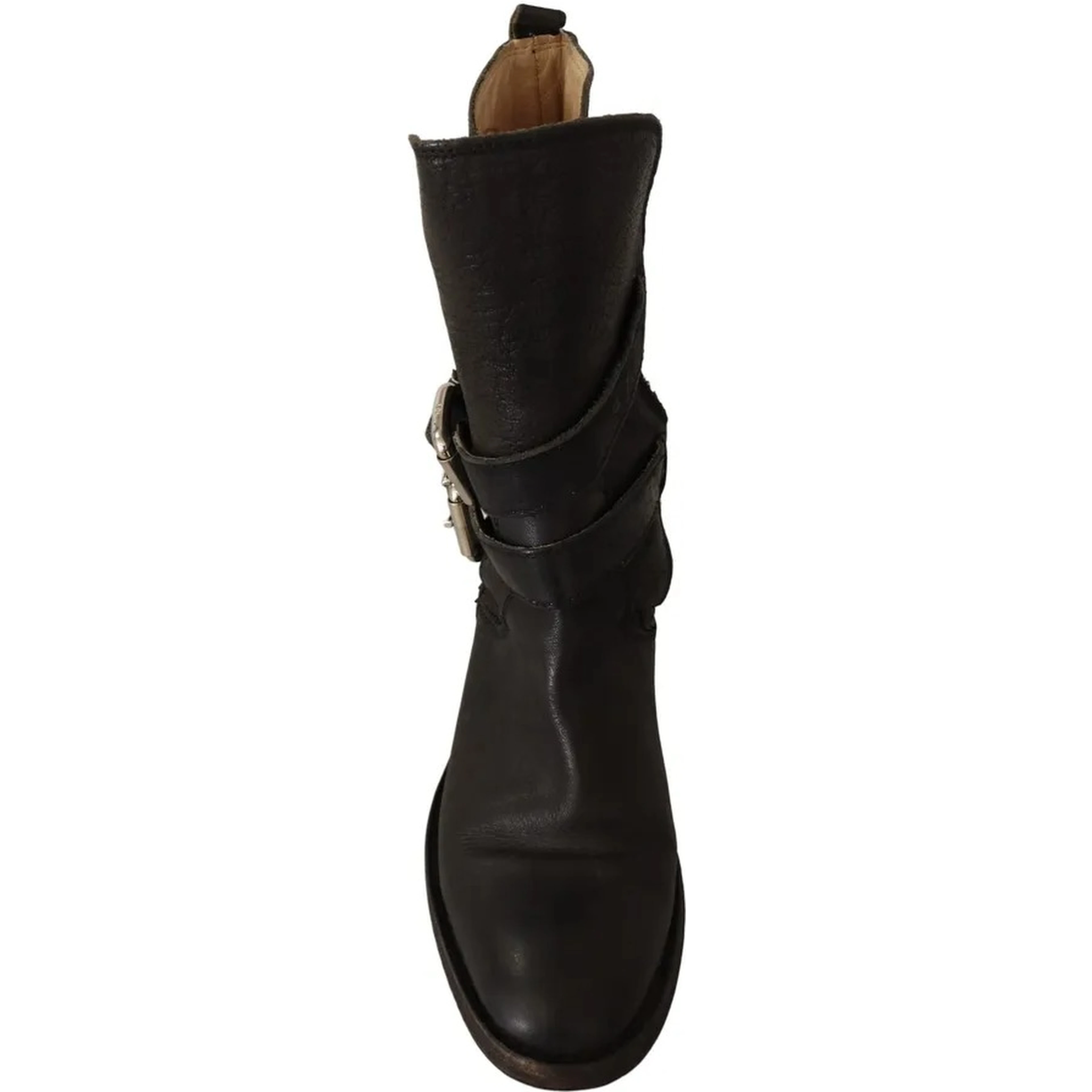 Black Leather Buckle Mid Calf Boots Shoes