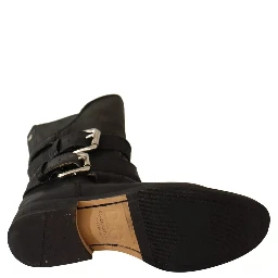 Black Leather Buckle Mid Calf Boots Shoes