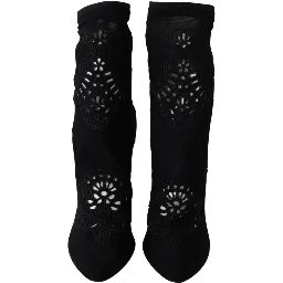 Black Stretch Pumps Boots Floral Lace Shoes