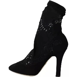 Black Stretch Pumps Boots Floral Lace Shoes