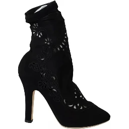 Black Stretch Pumps Boots Floral Lace Shoes