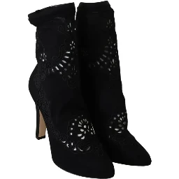 Black Stretch Pumps Boots Floral Lace Shoes