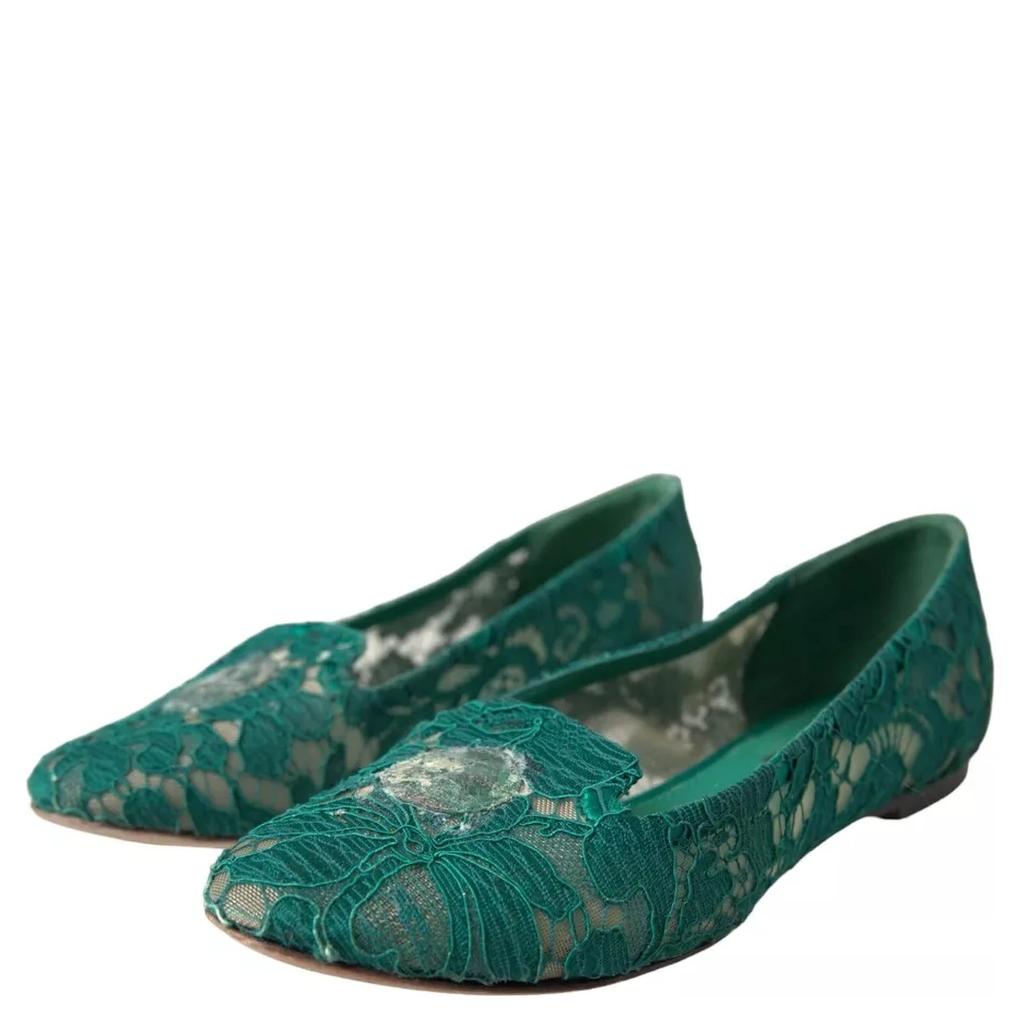 Green Taormina Lace Slip On Flats Shoes