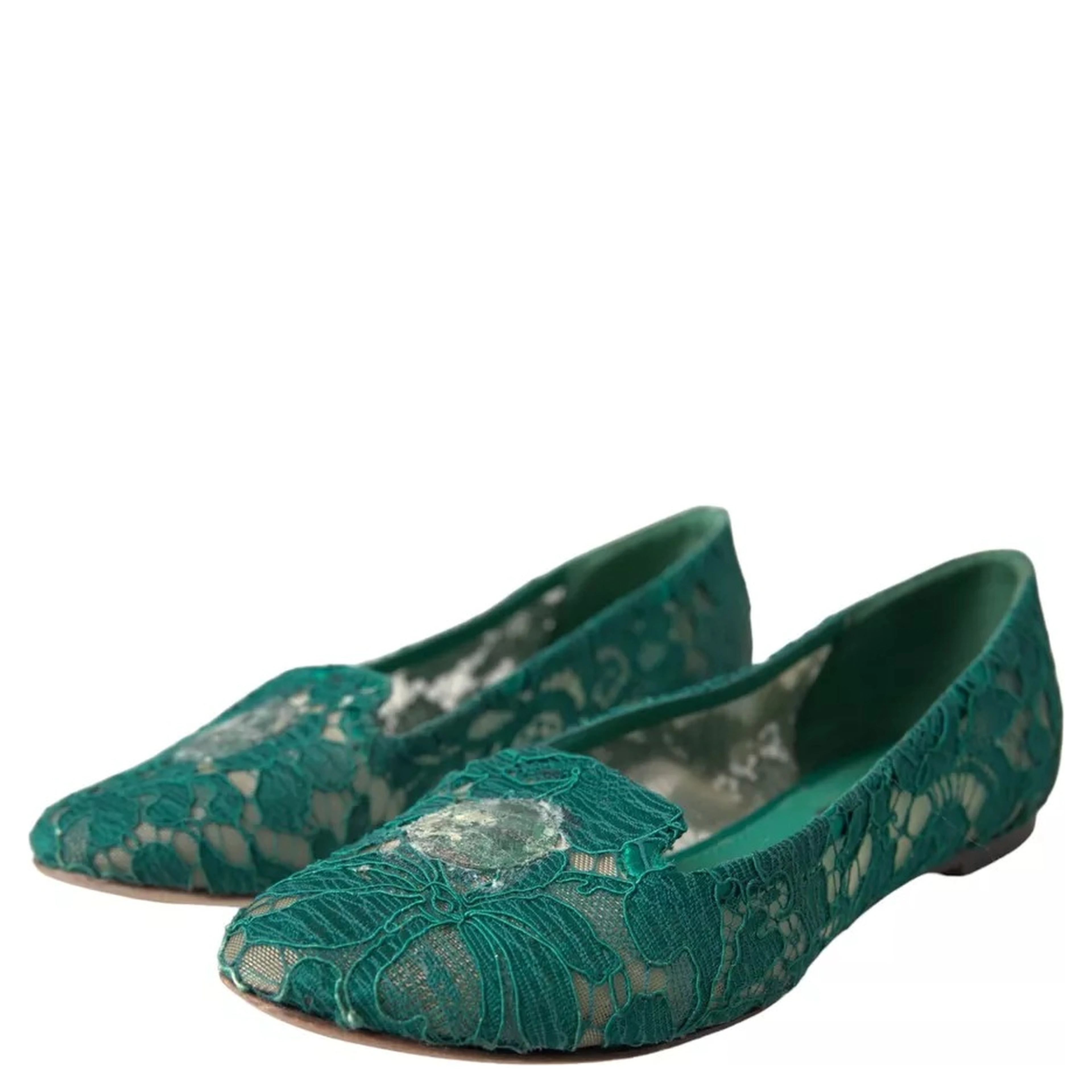 Green Taormina Lace Slip On Flats Shoes