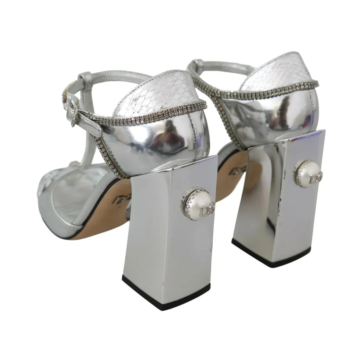 Silver Crystals T-strap Sandals Leather Shoes