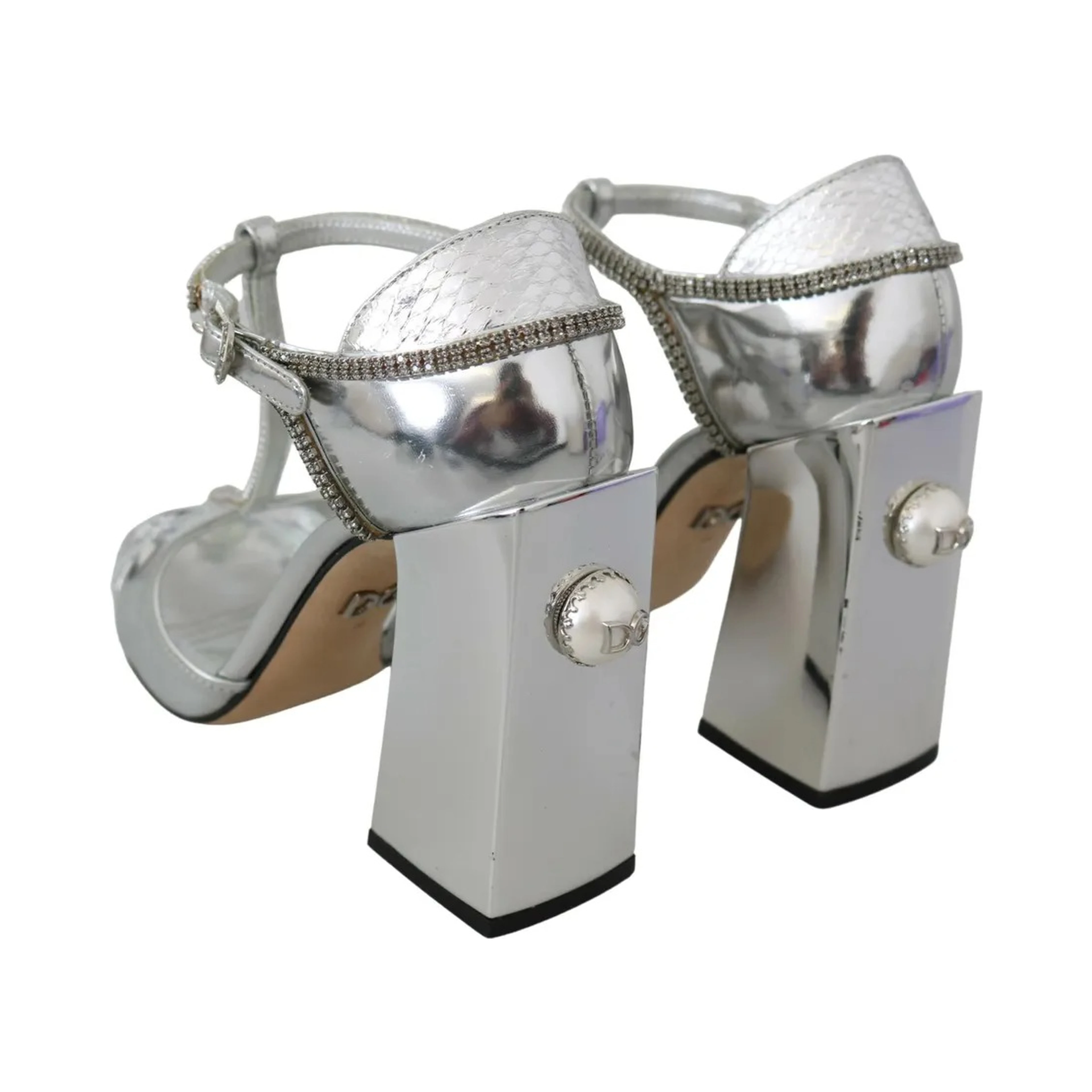 Silver Crystals T-strap Sandals Leather Shoes