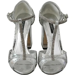 Silver Crystals T-strap Sandals Leather Shoes