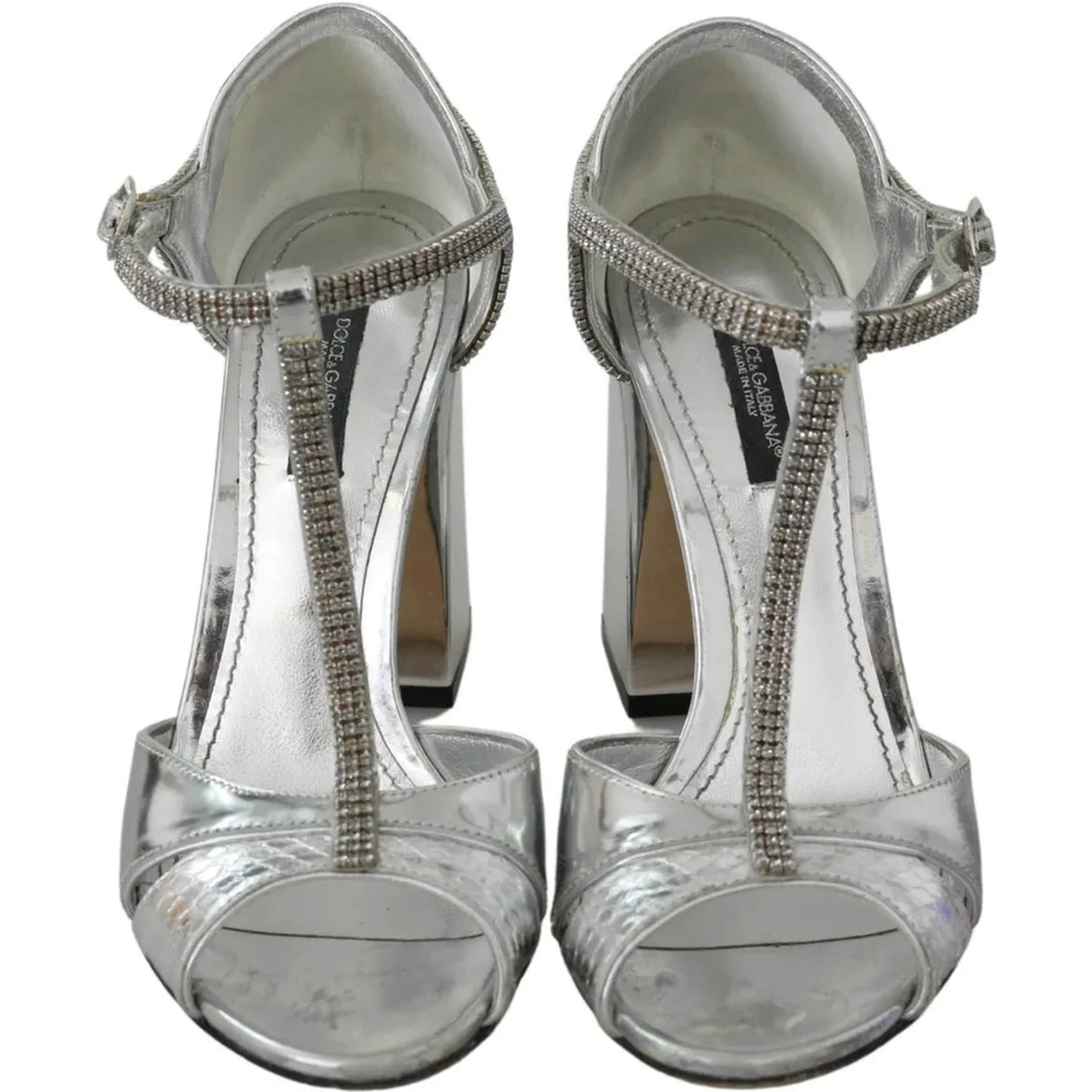 Silver Crystals T-strap Sandals Leather Shoes