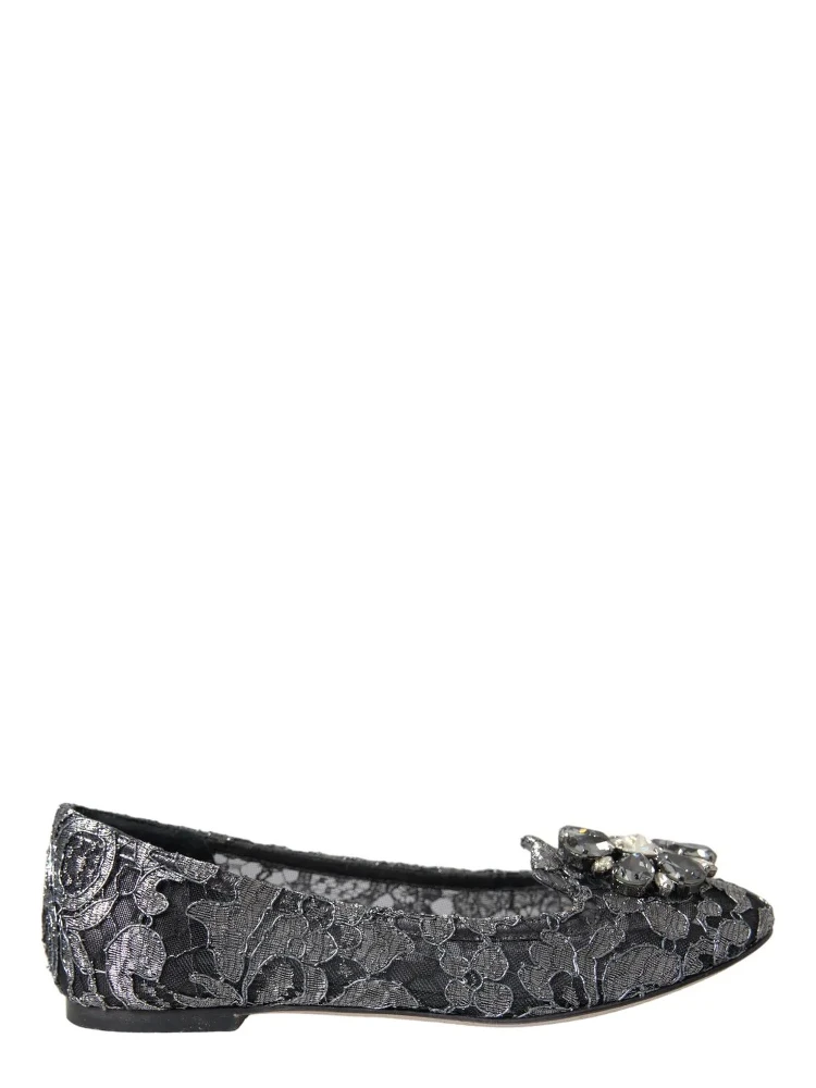 Gray Black Lace Crystal Ballet Loafers Shoes