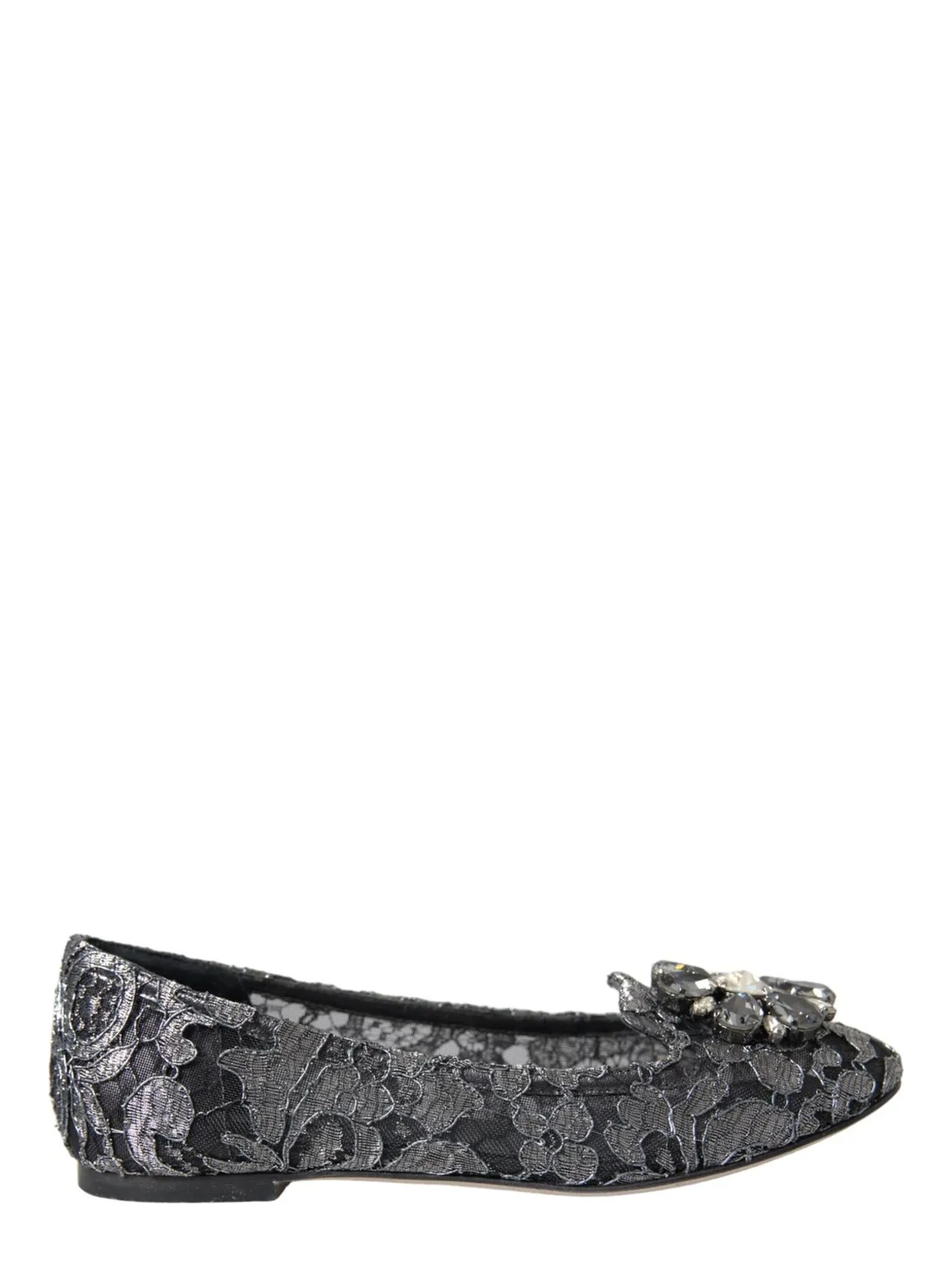 Gray Black Lace Crystal Ballet Loafers Shoes