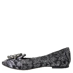 Gray Black Lace Crystal Ballet Loafers Shoes