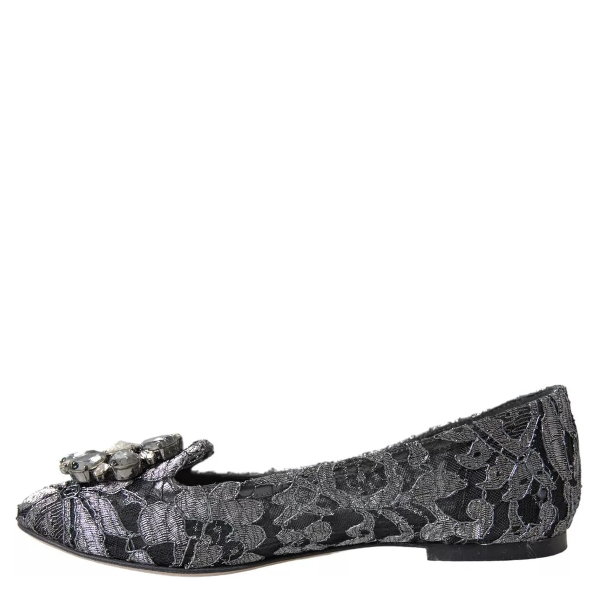 Gray Black Lace Crystal Ballet Loafers Shoes