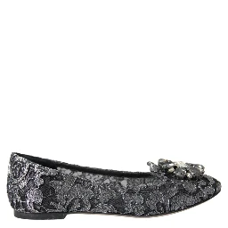 Gray Black Lace Crystal Ballet Loafers Shoes