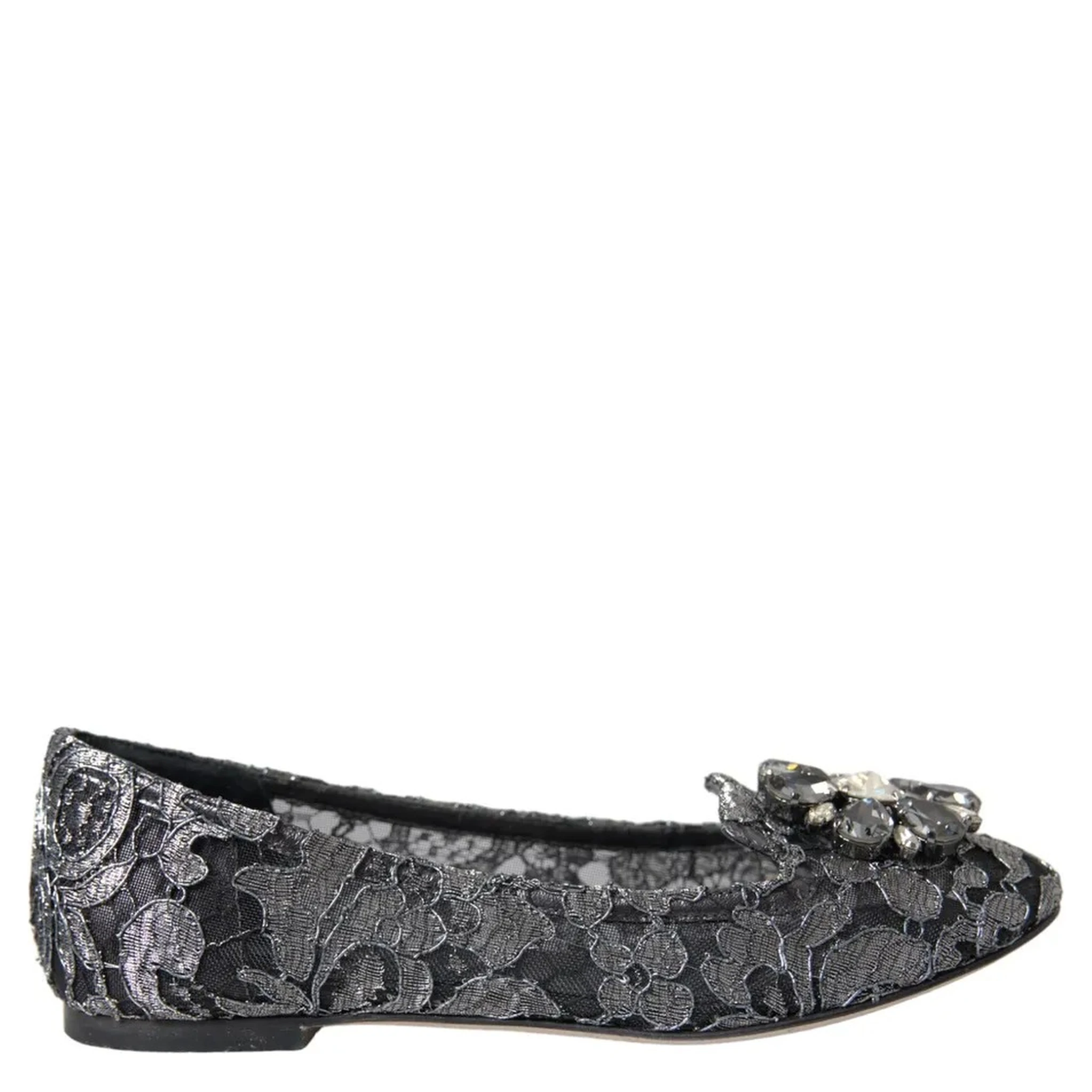Gray Black Lace Crystal Ballet Loafers Shoes