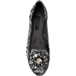 Gray Black Lace Crystal Ballet Loafers Shoes