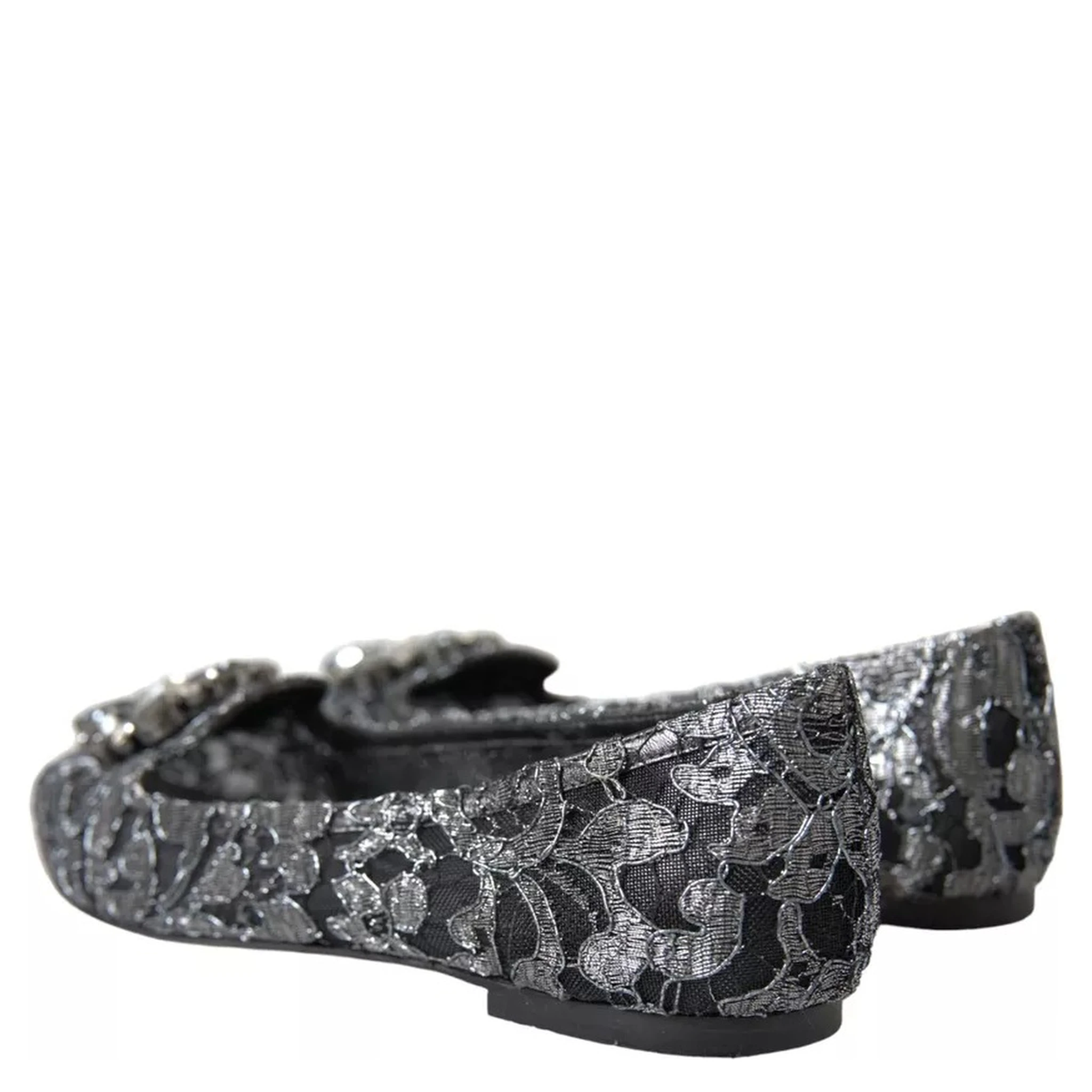 Gray Black Lace Crystal Ballet Loafers Shoes