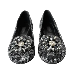 Gray Black Lace Crystal Ballet Loafers Shoes