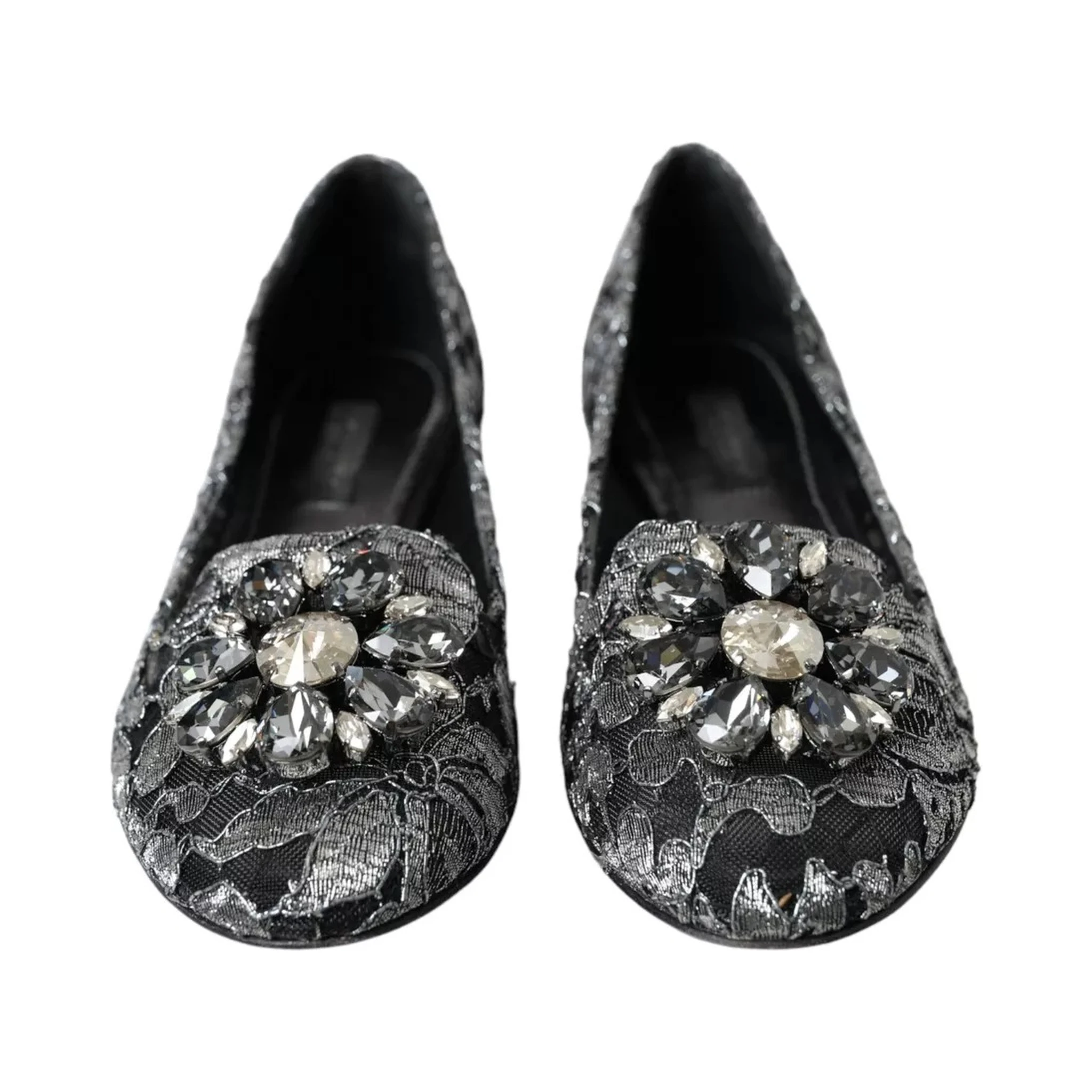 Gray Black Lace Crystal Ballet Loafers Shoes