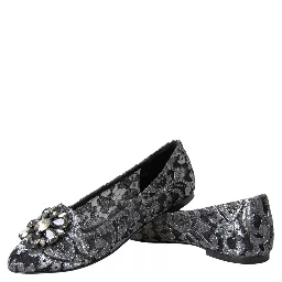 Gray Black Lace Crystal Ballet Loafers Shoes
