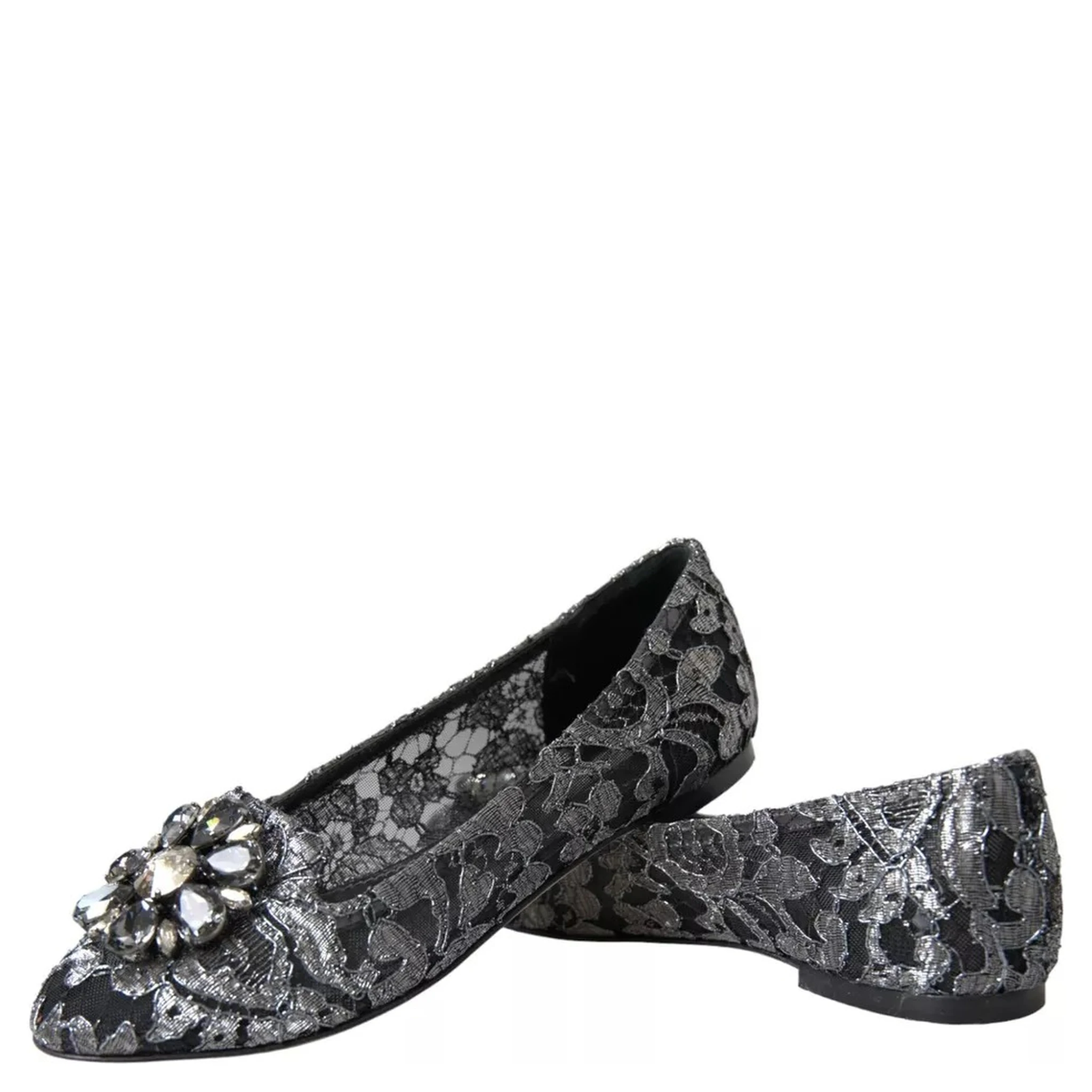 Gray Black Lace Crystal Ballet Loafers Shoes