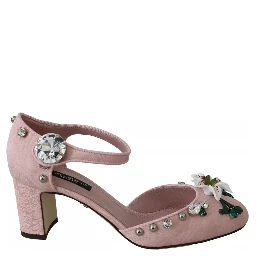 Pink Brocade Crystal Lily Ankle Strap Shoes