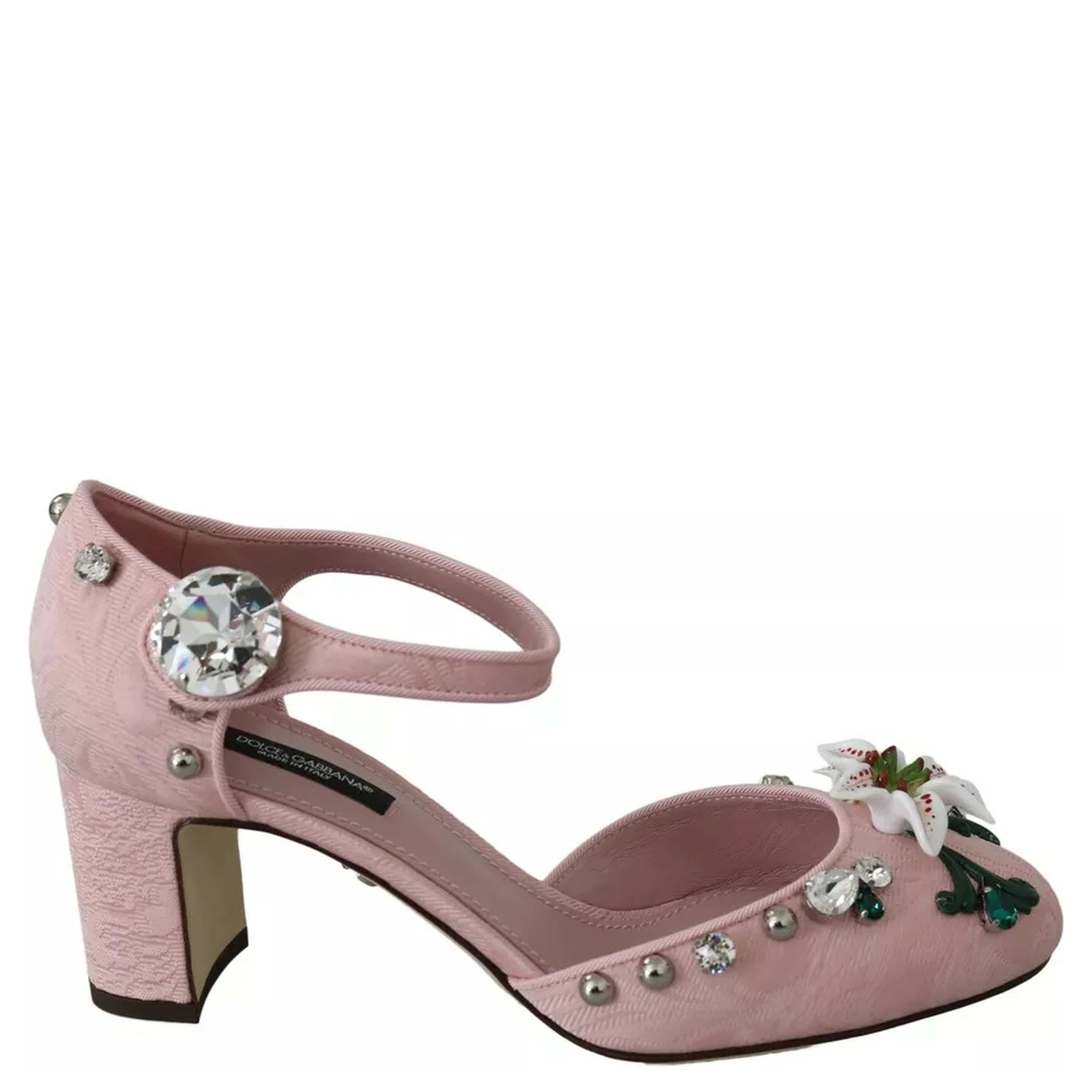 Pink Brocade Crystal Lily Ankle Strap Shoes