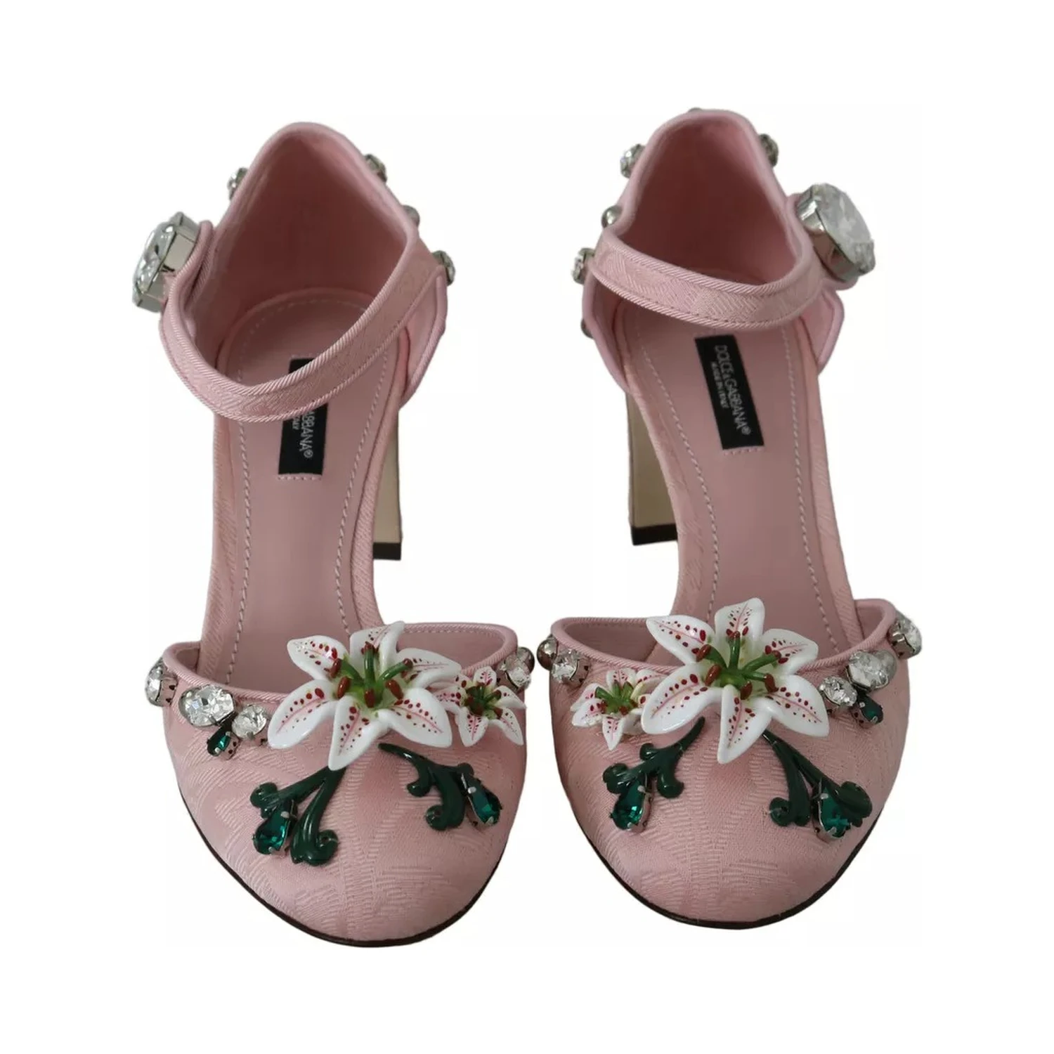 Pink Brocade Crystal Lily Ankle Strap Shoes