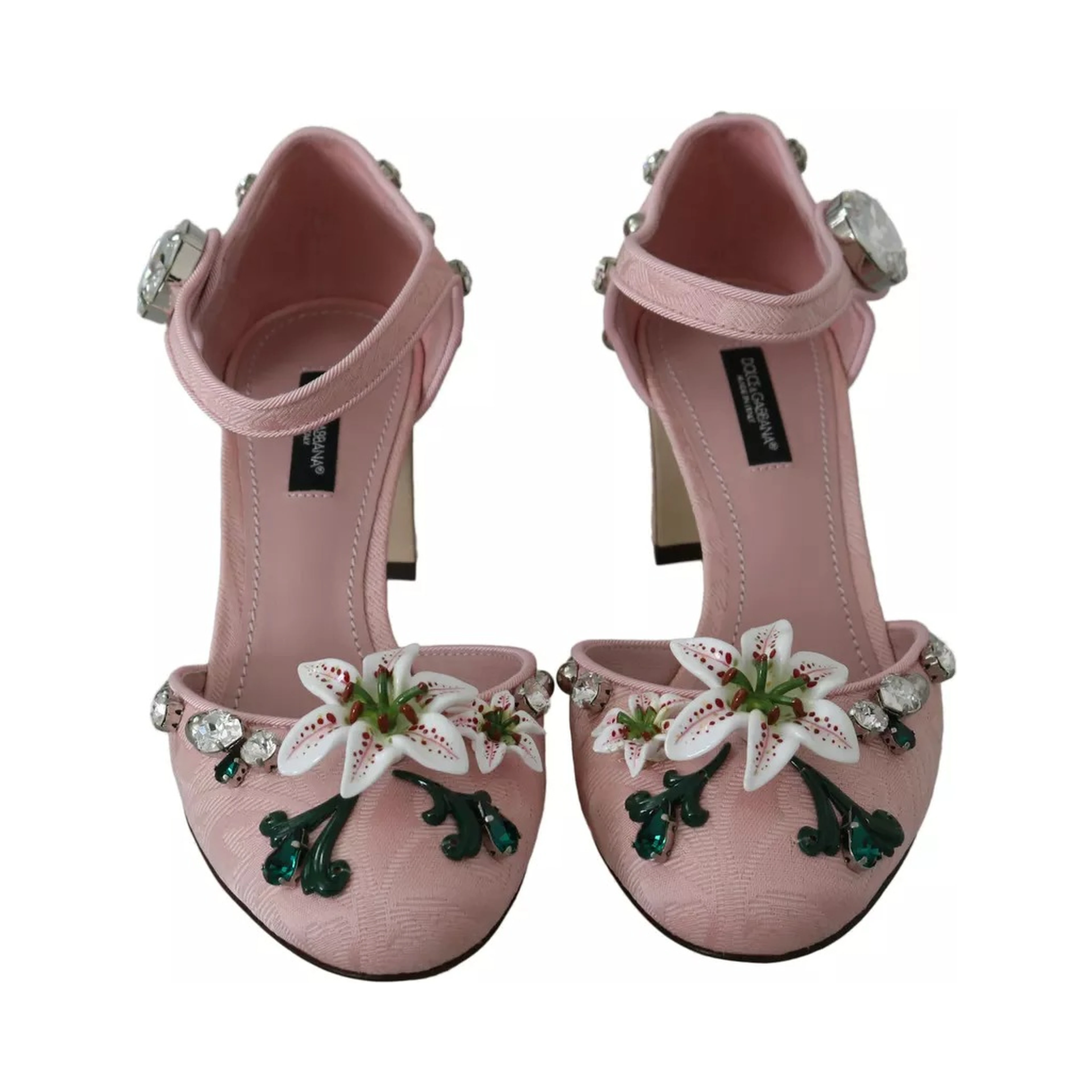 Pink Brocade Crystal Lily Ankle Strap Shoes