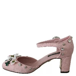 Pink Brocade Crystal Lily Ankle Strap Shoes