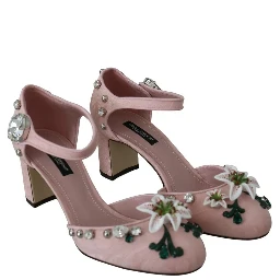 Pink Brocade Crystal Lily Ankle Strap Shoes