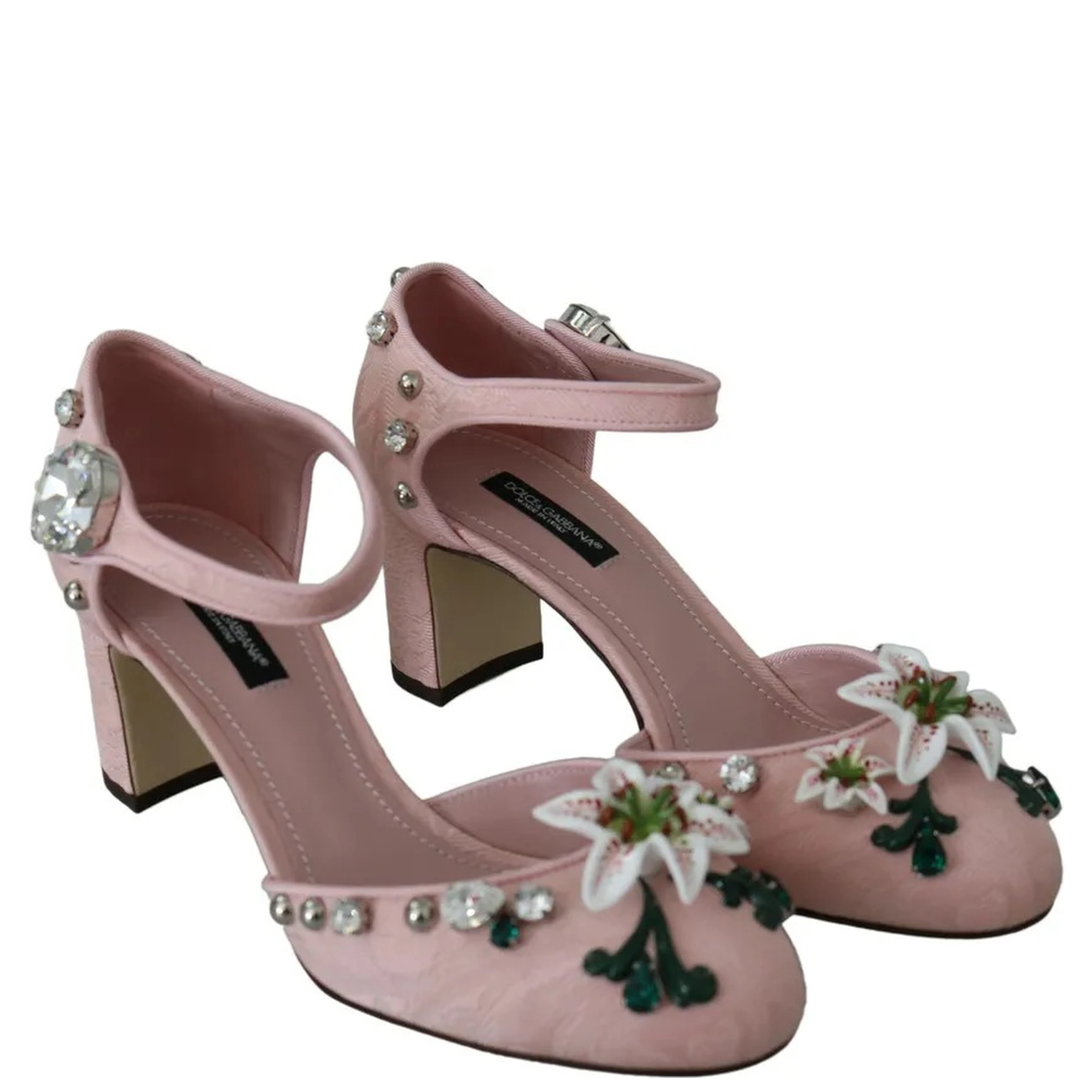 Pink Brocade Crystal Lily Ankle Strap Shoes