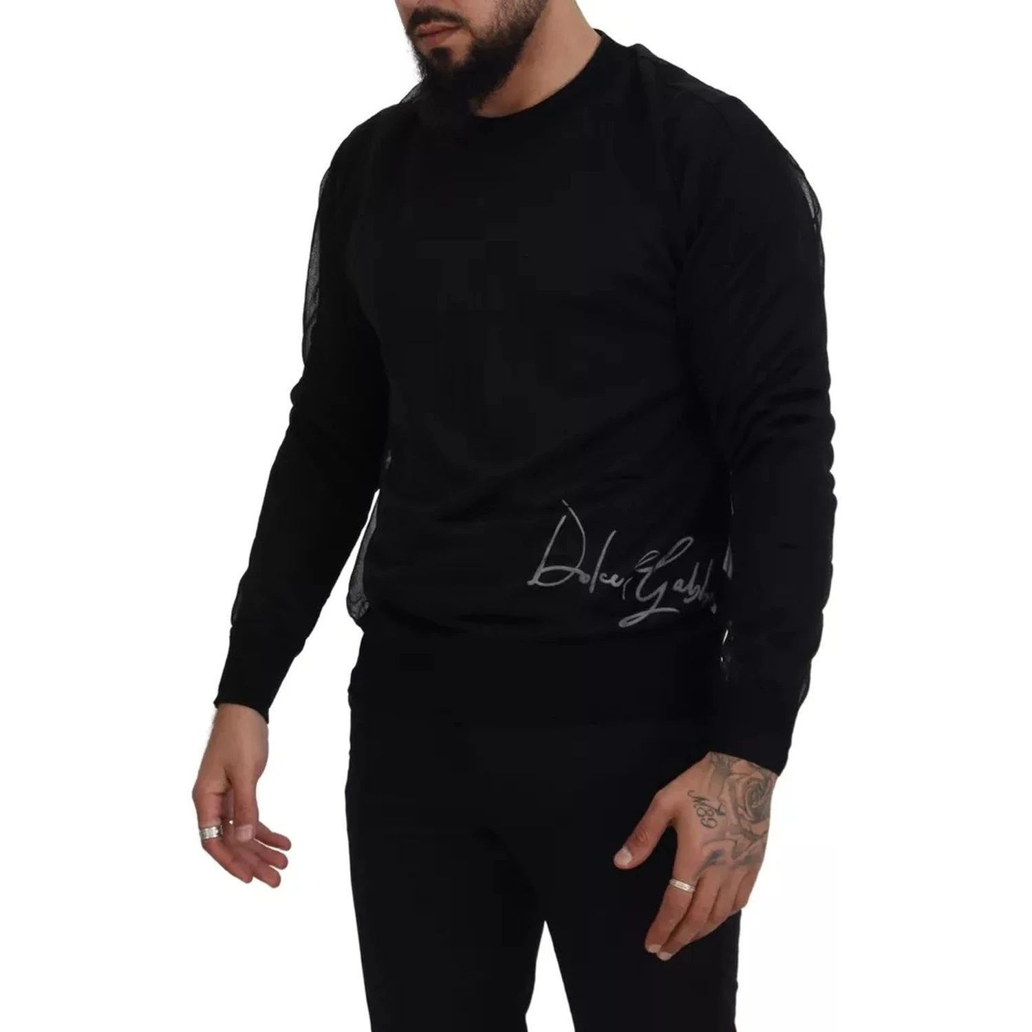 Black Polyester Crewneck Men Pullover Sweater
