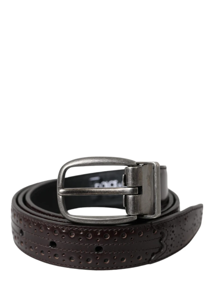 Dark Brown Perforated Leather Metal Buckle Belt Men