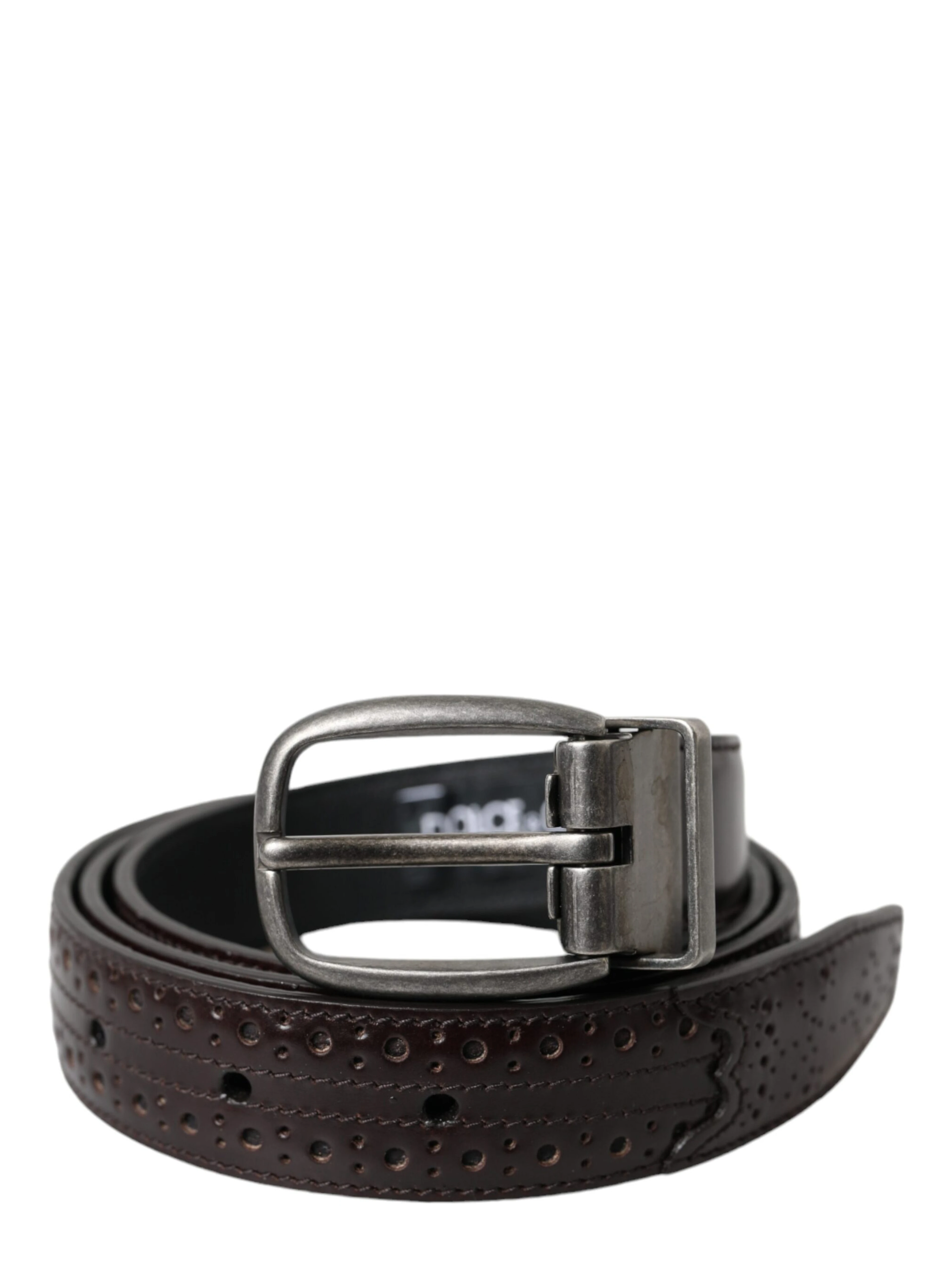 Dark Brown Perforated Leather Metal Buckle Belt Men