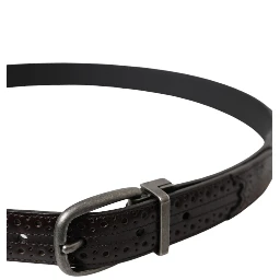 Dark Brown Perforated Leather Metal Buckle Belt Men