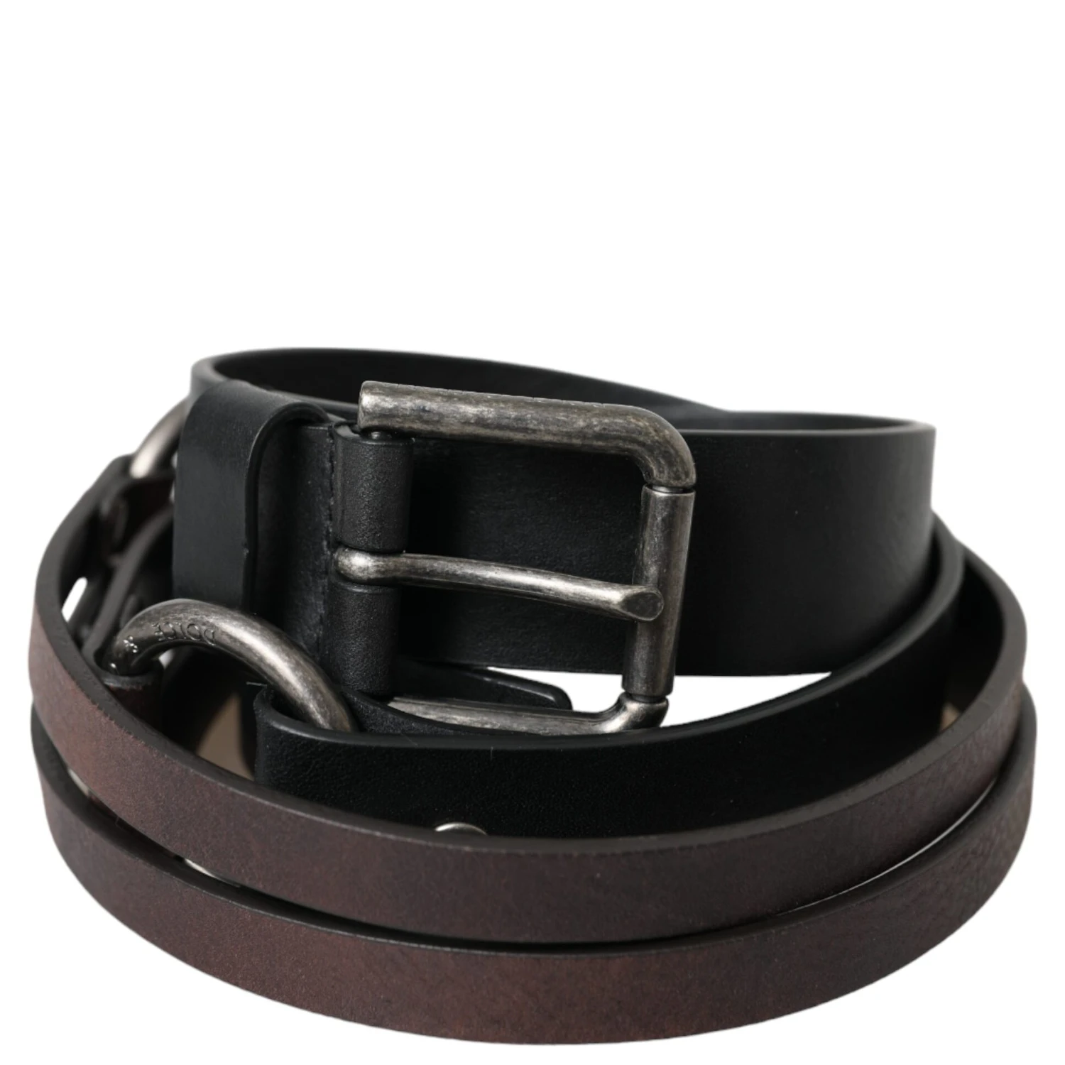 Black Brown Leather Silver Metal Buckle Belt
