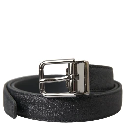 Black Glittered Leather Silver Buckle Belt