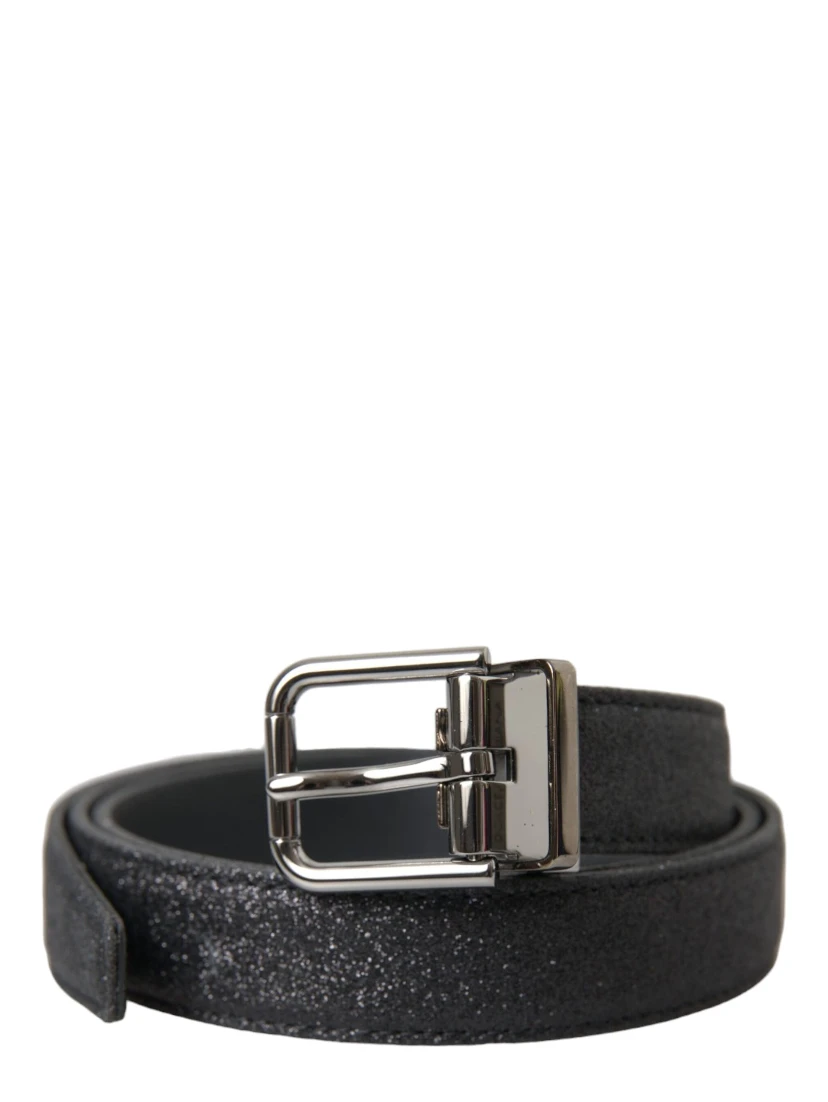 Black Glittered Leather Silver Buckle Belt