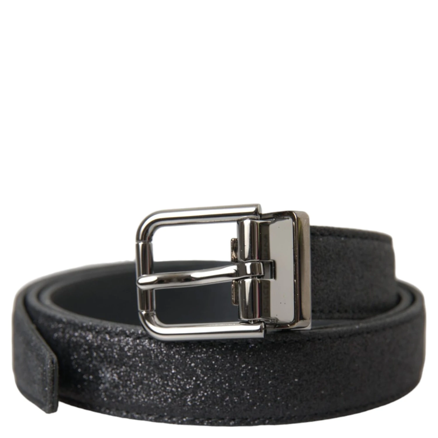Black Glittered Leather Silver Buckle Belt