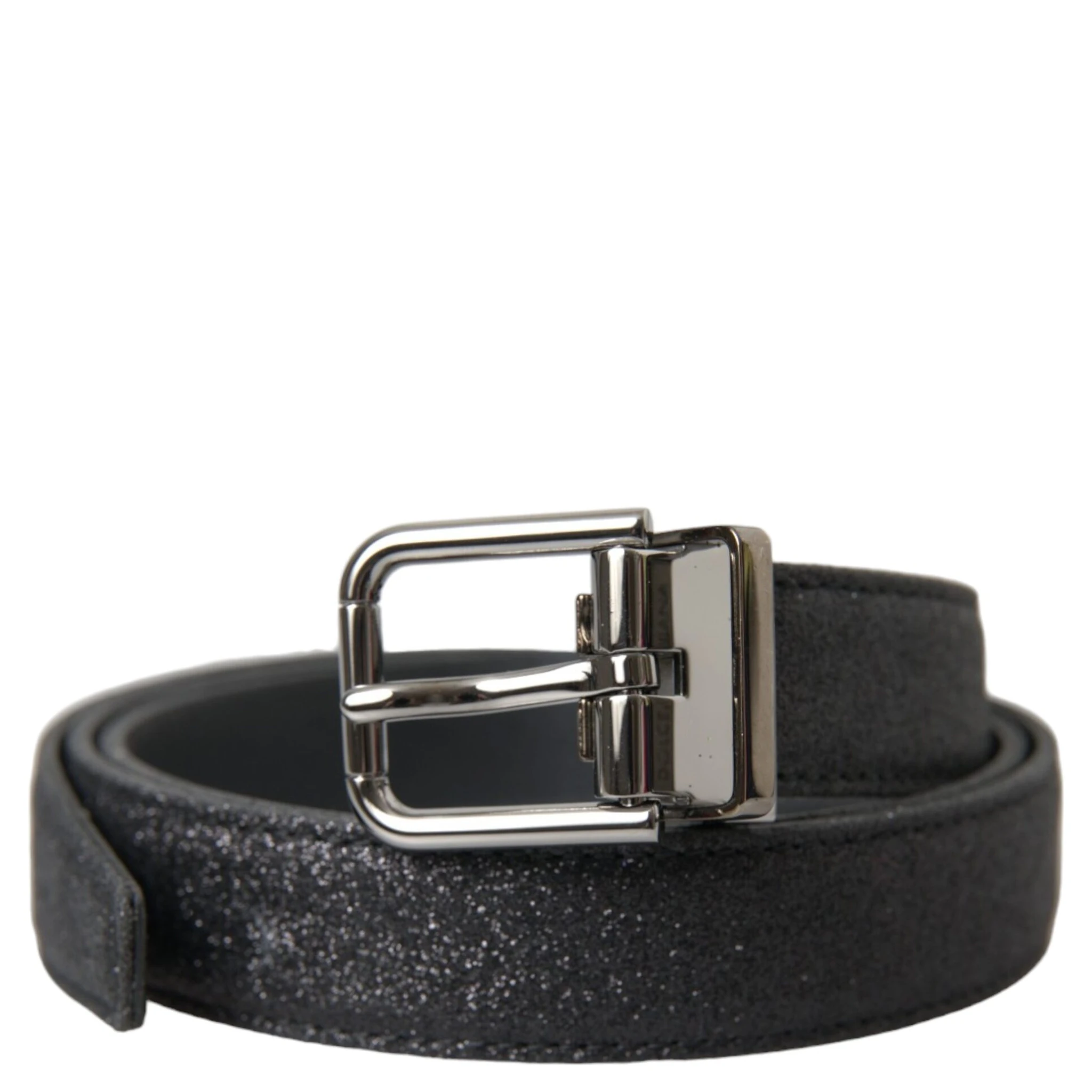 Black Glittered Leather Silver Buckle Belt