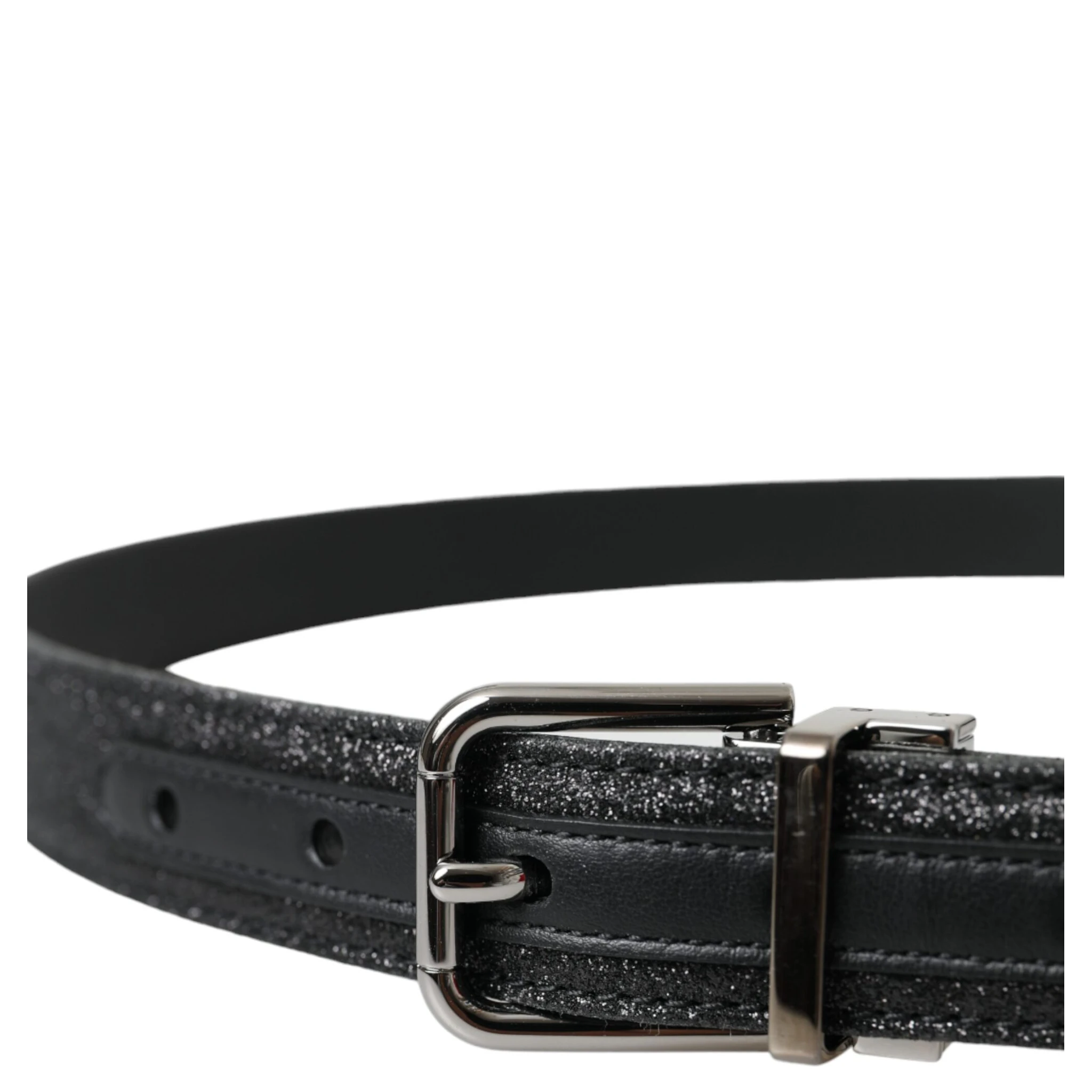 Black Glittered Leather Silver Buckle Belt