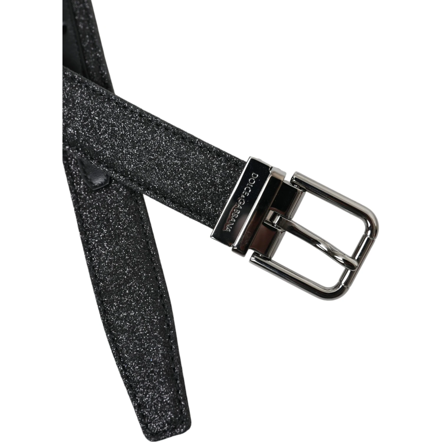 Black Glittered Leather Silver Buckle Belt