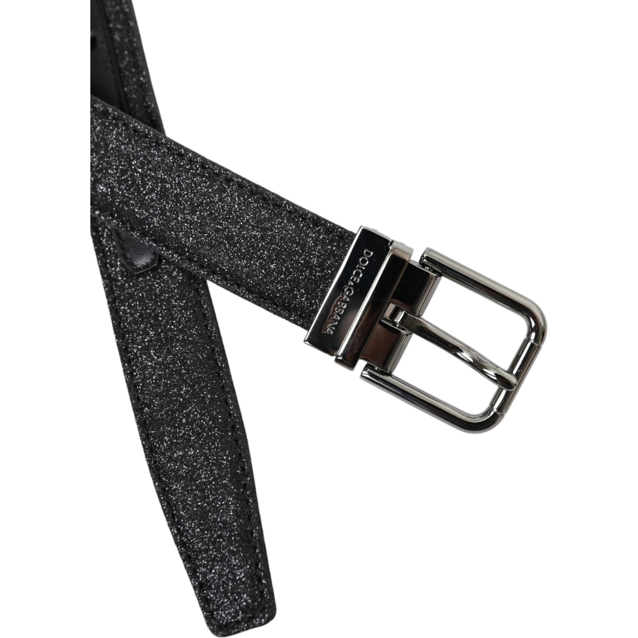 Black Glittered Leather Silver Buckle Belt