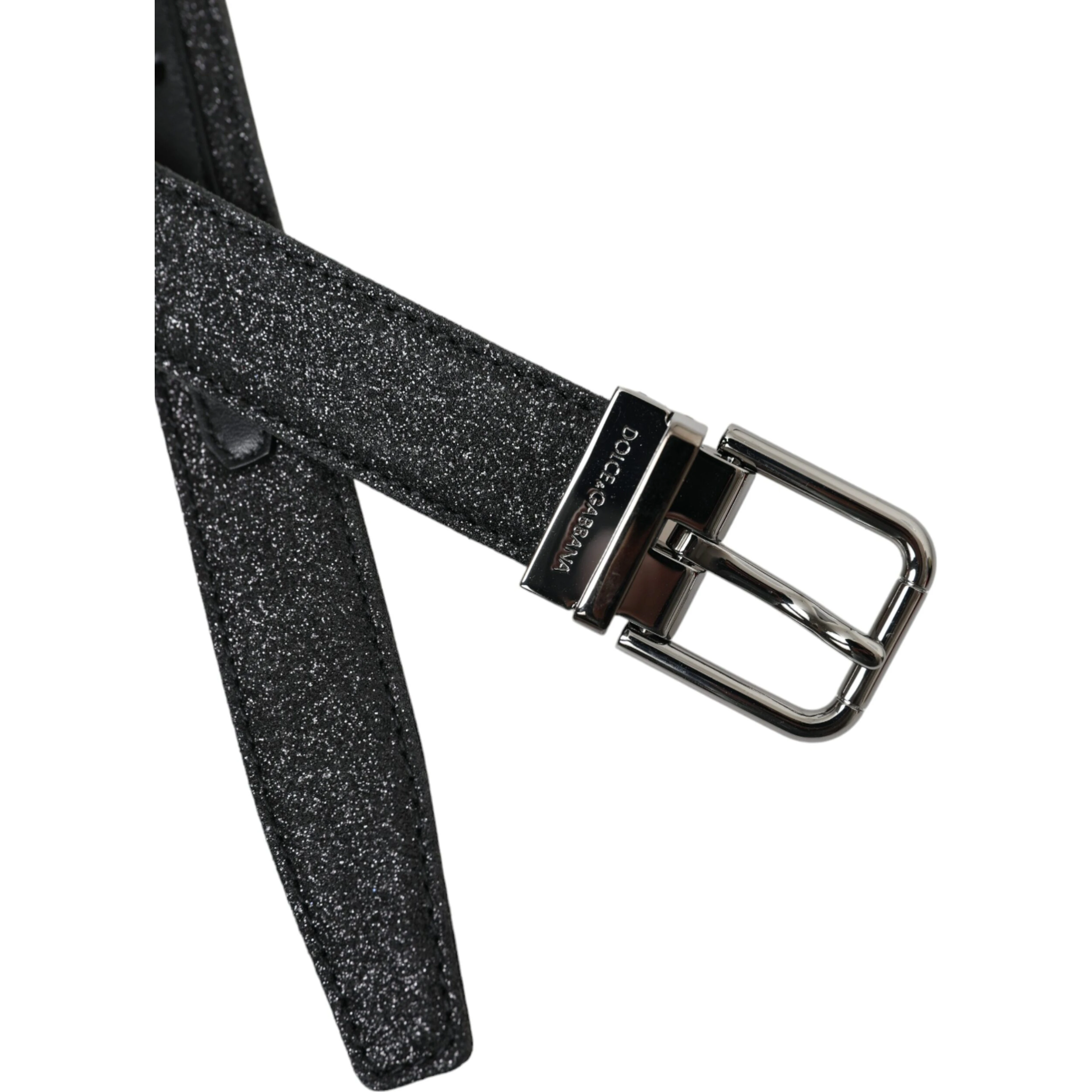 Black Glittered Leather Silver Buckle Belt