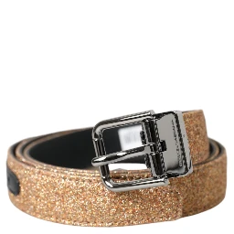 Gold Glitter Leather Silver Metal Buckle Belt