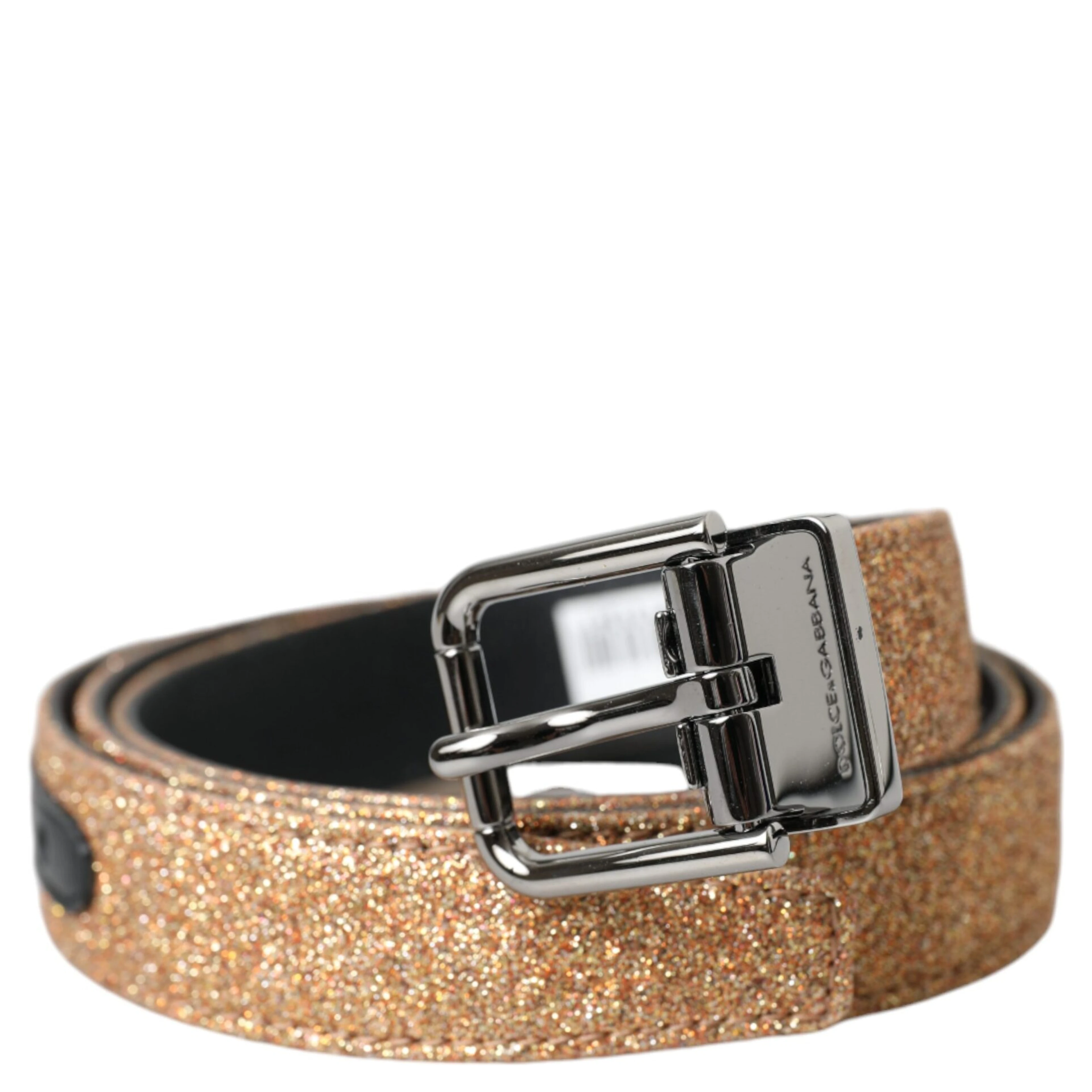 Gold Glitter Leather Silver Metal Buckle Belt