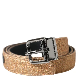 Gold Glitter Leather Silver Metal Buckle Belt