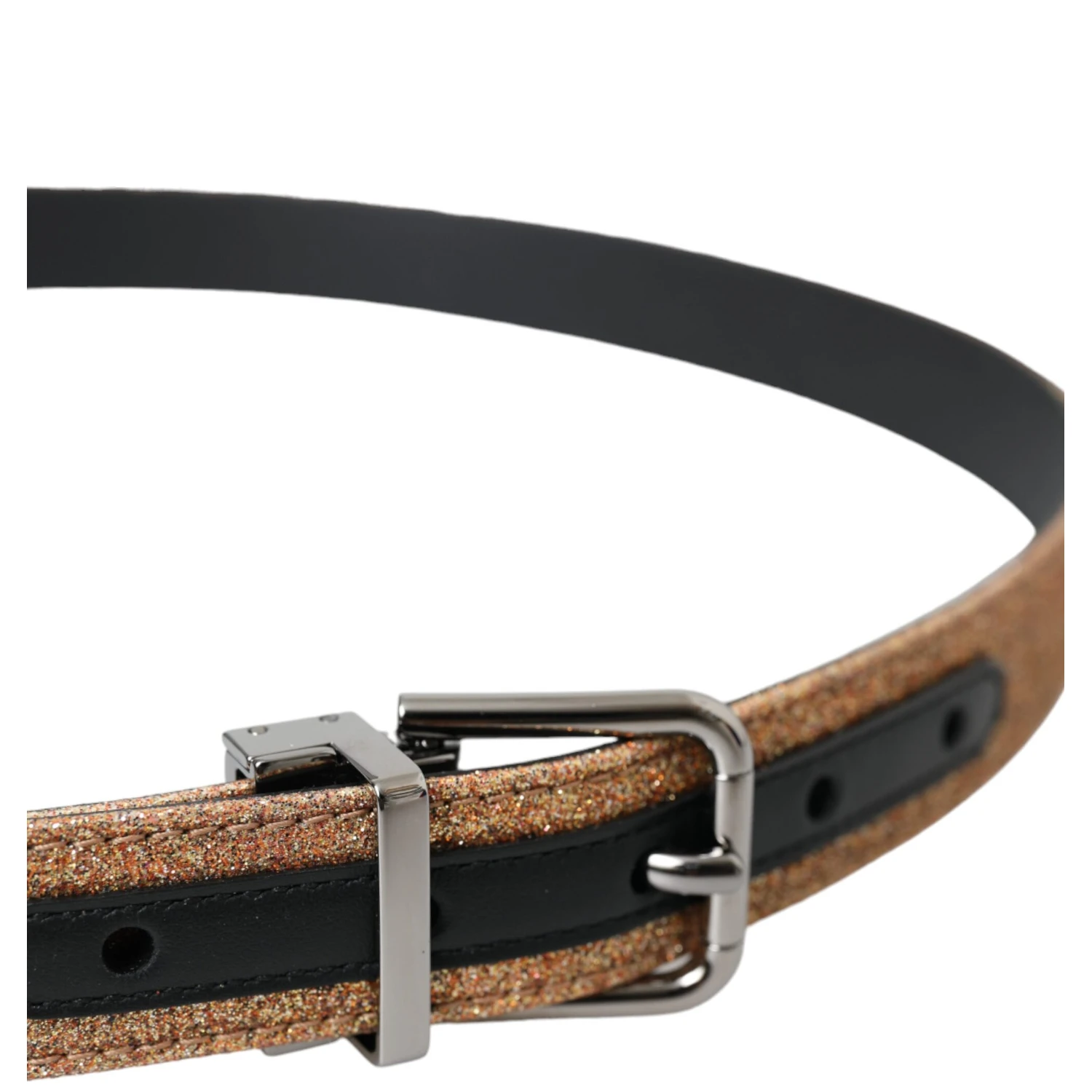 Gold Glitter Leather Silver Metal Buckle Belt