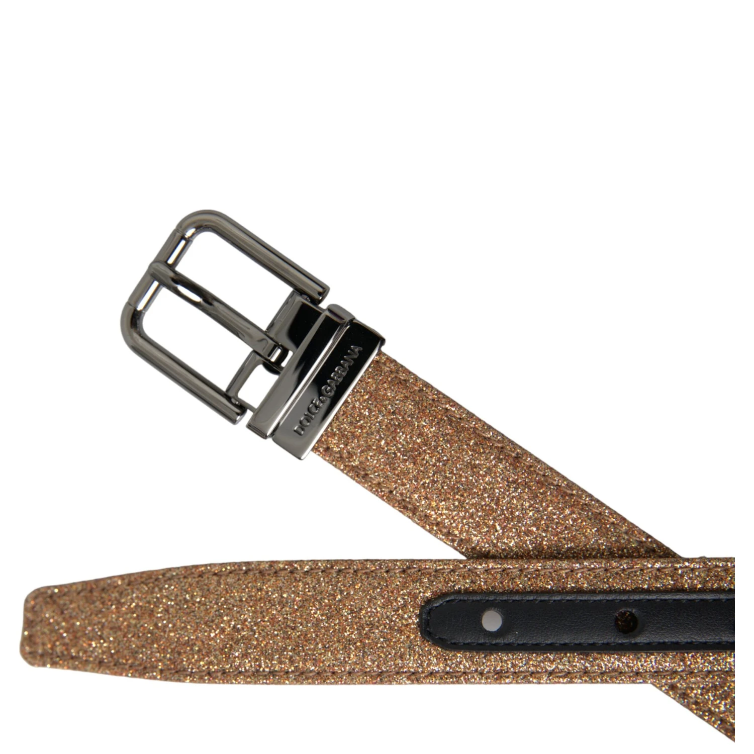 Gold Glitter Leather Silver Metal Buckle Belt