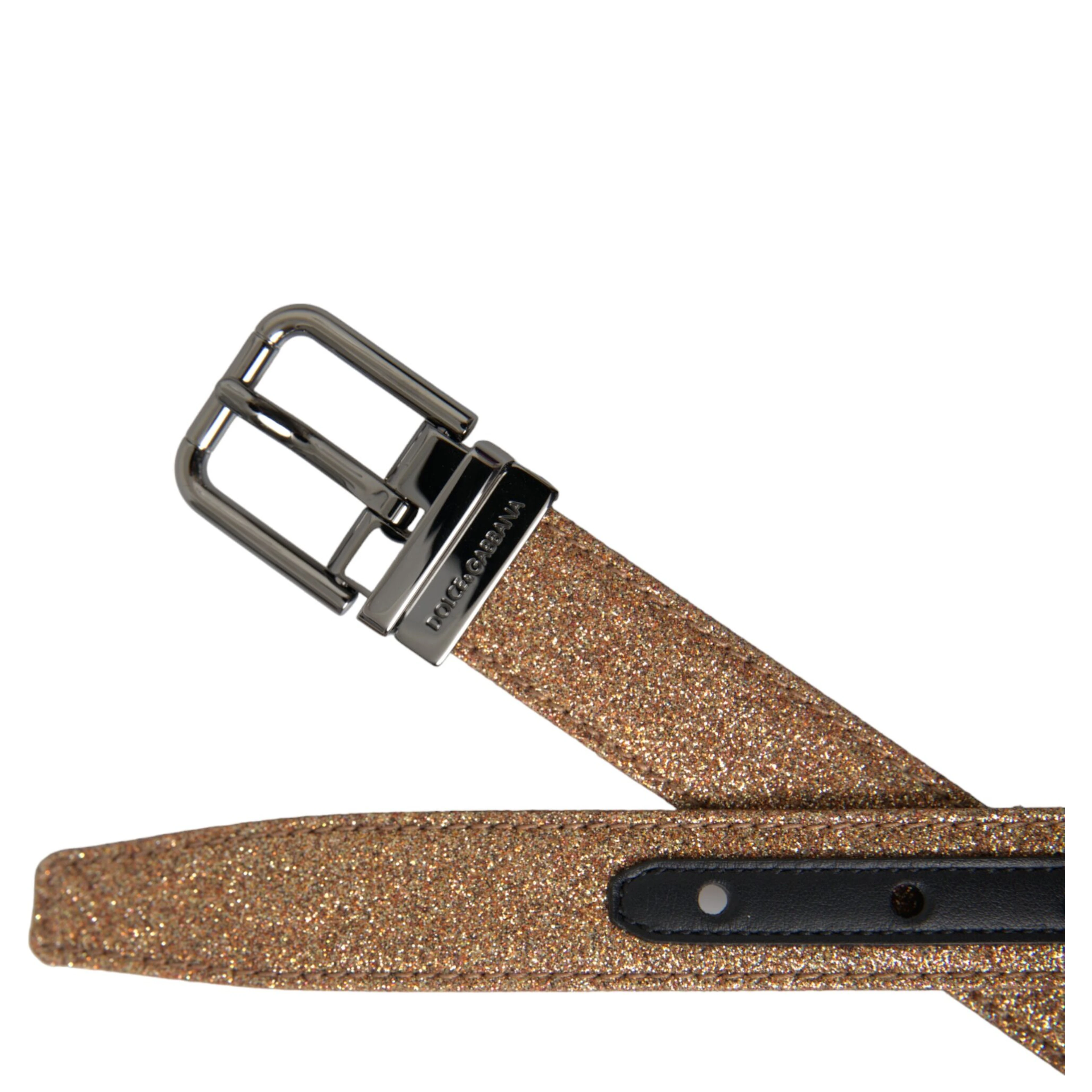 Gold Glitter Leather Silver Metal Buckle Belt